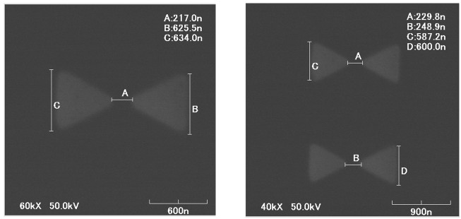 SEM images of plasmonic bow-tie antenna structures with nanoscale gaps
